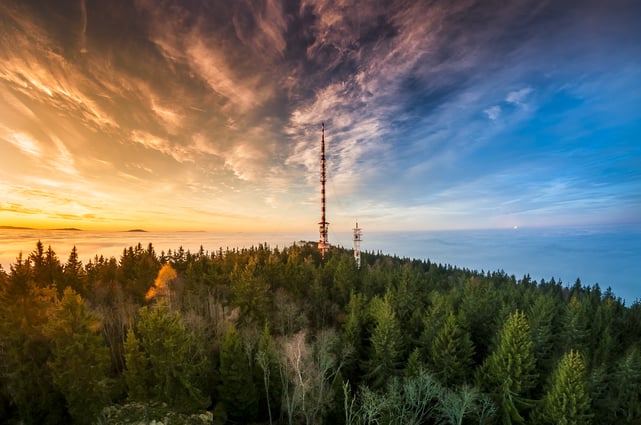 Telecommunication mast in forest on a hill