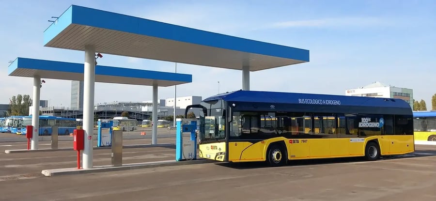 A Solaris Urbino 12 fuel cell bus at Modena's hydrogen refueling station