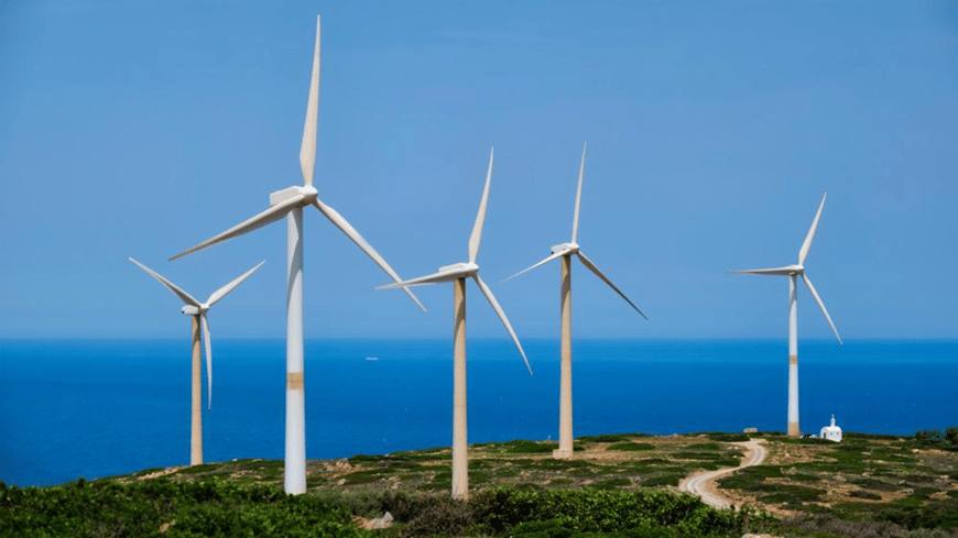 Green renewable alternative energy concept wind generator turbines generating electricity on Crete, Greece