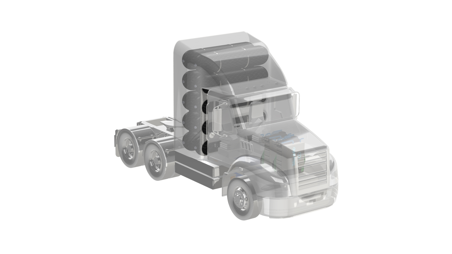 Rendering of Class 8 heavy-duty truck with FCmove-XD fuel cell engines integrated