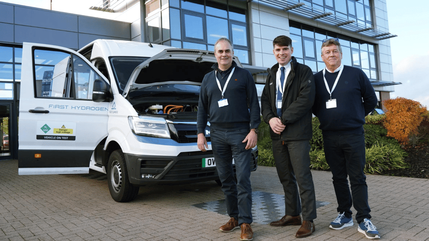 Ballard and First Hydrogen representatives in front of the LCV at HORIBA MIRA near Coventry, UK