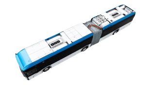 Aerial view of Solaris's Urbino 18 hydrogen fuel cell bus, powered by Ballard