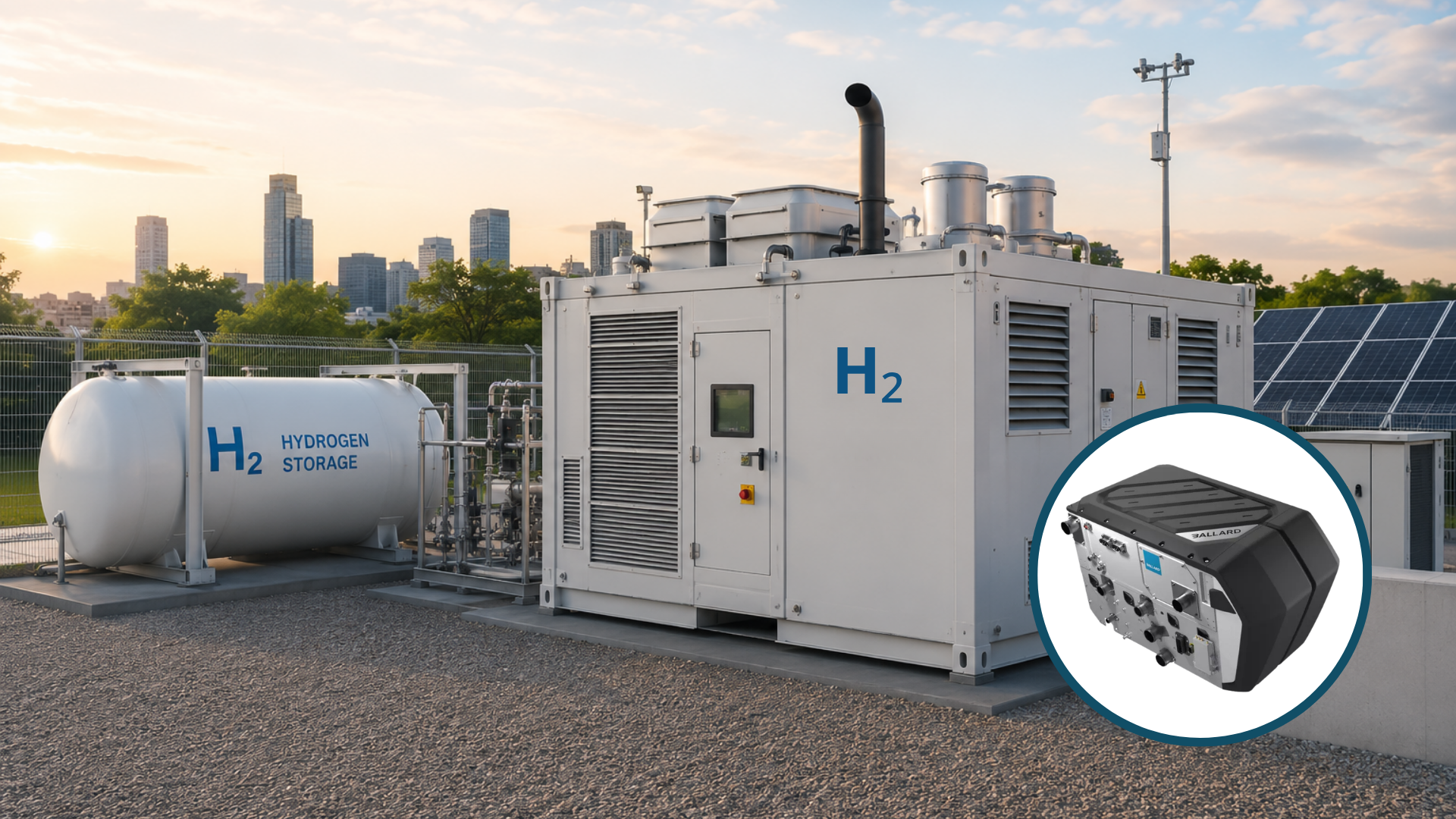 AI-generated image showing hydrogen power unit and hydrogen storage tank with Ballard's FCmove-HD+ fuel cell module inset